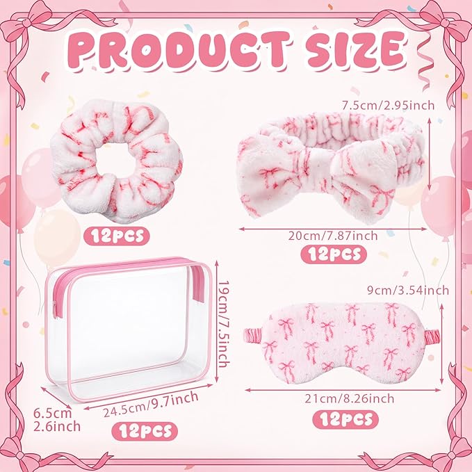 Kajaia 48 Pcs Sleepover Party Supplies for Girls Slumber Party Supplies for Women Spa Headband Favor Mask Scrunchies Bag (Bow,Pink)