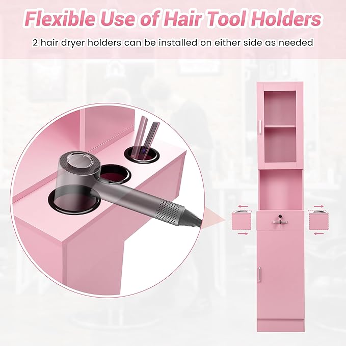 RESHABLE Salon Station for Hair Stylist,Hair Styling Storage Cabinet with Glass Door,Tool Dryer Holders, Salon Beauty Spa Barber Hair Staion, Pink