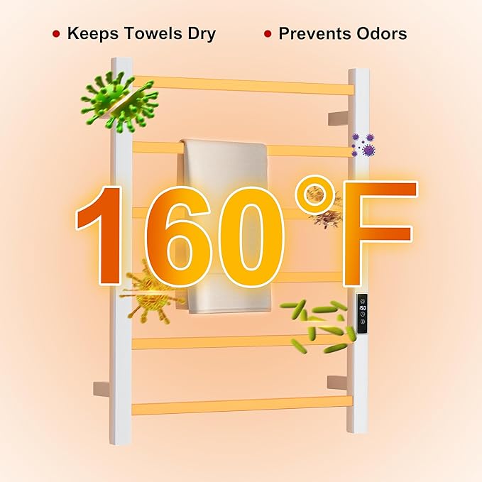 Heated Towel Racks for Bathroom, Wall Mounted Electric Towel Warmer Racks with Timer & Temperature Control, Stainless Steel Towel Heater for Bathroom (Square-White 6 Bars)