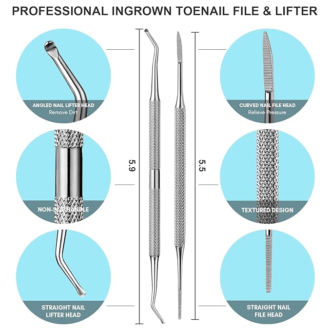 FAMILIFE Ingrown Toenail File and Lifter, 2 pcs Ingrown Toenail Tool Double Sided with Storage Case Professional Corrector 100% Stainless Steel Removal Pedicure Kit, Ideal for Home, Travel, Salon Use