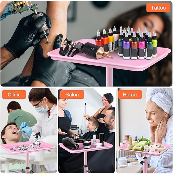 Salon Tray Cart Tattoo Tray Rolling Cart, Service Rolling Tray, Height Adjustable Styling Tray, Storage Tray Trolley for Beauty Salon Clinic Spa (Pink)