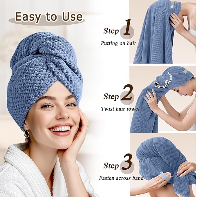 Large Microfiber Hair Towel Wrap & Satin Bonnet Set for Women, Ultra Absorbent Turban 24x42 Inches & Adjustable Night Cap for Curly Hair, Prevents Frizz & Breakage, Stocking Stuffers