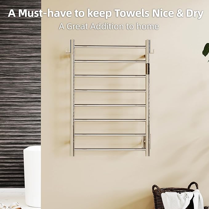 P&Dlusir Towel Warmer, Heated Towel Rack with Smart Timer and Thermo Control, Wall-Mounted Heated Towel Rail, Stainless Steel, Hard-Wired/Plug-in, Polished, 8 bar