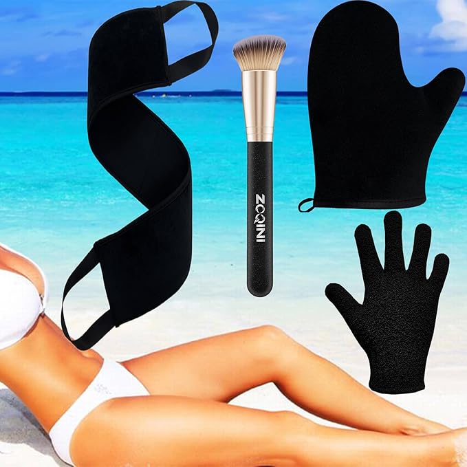 Self Tanning Mitt Kit, Velvety Soft Tanner Mitt, Back Tanning Applicator, Exfoliating Glove, Angled Face Tanner Brush for Sunless Tanning Oil Lotion Mousse Gel (Black 4 Pack, Boxed)