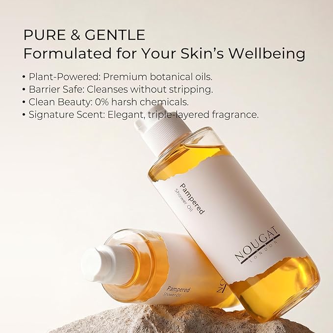 NOUGAT Pampered Shower Oil for Daily Bath Routine, Transforming Oil-to-Milk Body Cleanser for Makeup & Sunscreen Removal, Hydrating Botanical Wash for Dry Skin Relaxation at Home, Exotic Scent, 372g