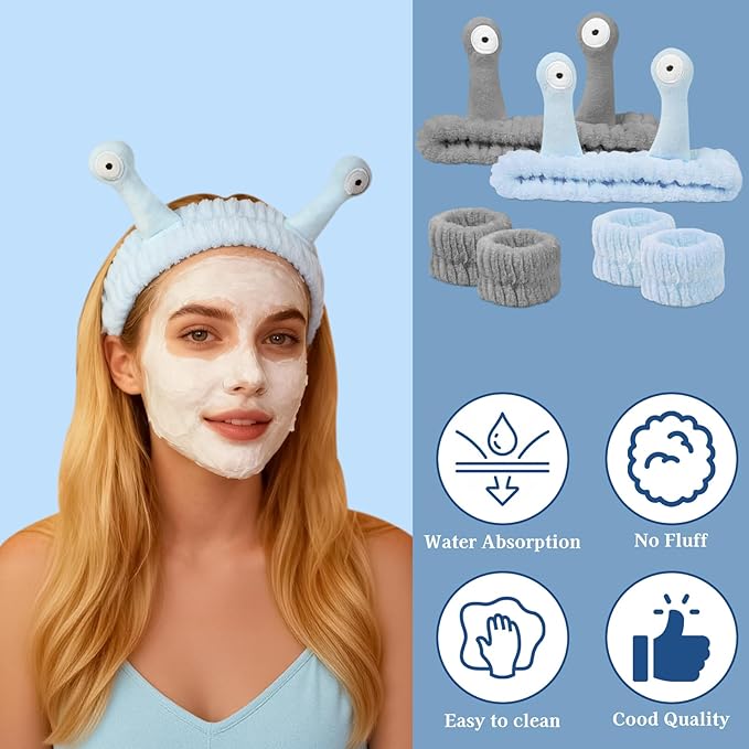 Snail Face Wash Headband Skincare & Wrist Bands for Washing Face Set Cute Spa Headband for Women and Wrist Faces Wash Bands for Shower, Facial Cleaning, Soft Coral Fleece Makeup Headbands,Blue ＆ Gray