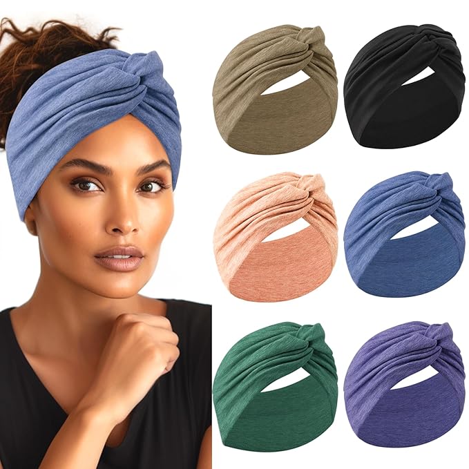 HAUHC Extra Wide Headbands for Women, 7'' Large Cotton Like Turban Knotted Bandana Head Bands for Women Non Slip, Boho Headbands for Women's Hair (C1-6Pcs, Extra Large 7" Wide)