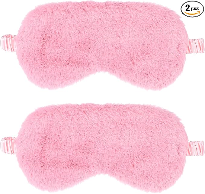 2 Pcs Plush Eye Mask Soft Sleeping Blindfold Eye Cover Comfortable Furry Faux Fur Sleeping Mask Satin Nap Night Eyeshade Cover for Women Men Gift (Pink)