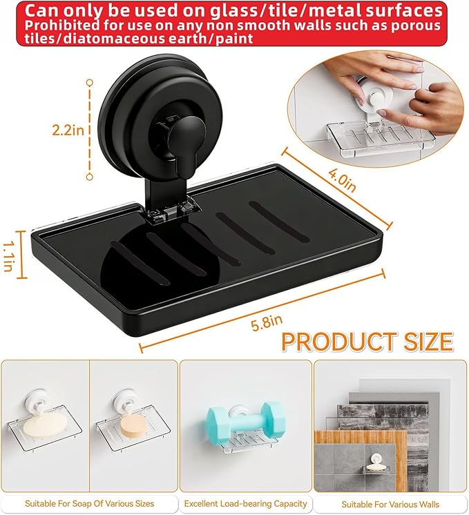 SUOXING 2 Pack Bar of Soap Holder for Shower with Suction Cup,Rustproof Wall Mounted Acrylic Shower Soap Rack & Caddy for Bathroom,Bath,Kitchen,Plastic Self Draining Soap Holder and Soap Shelf,Black