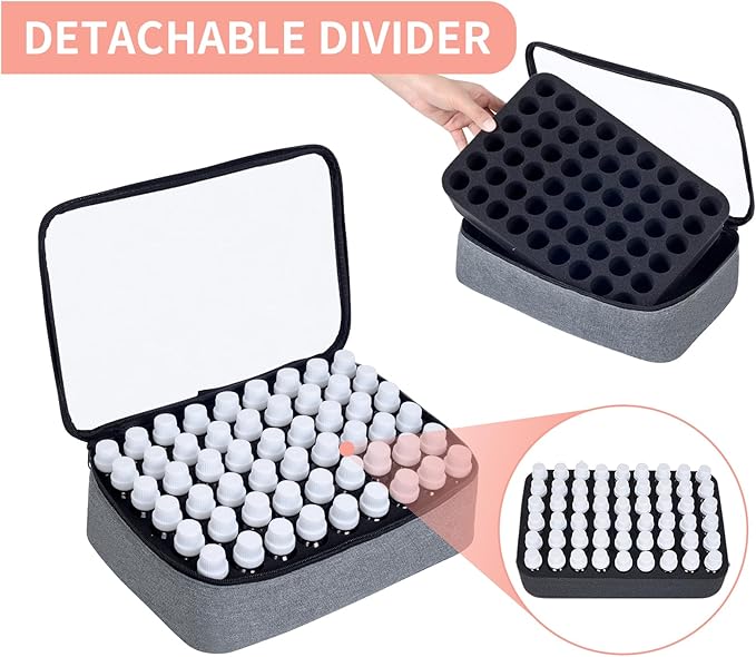 Essential Oils Carrying Case Holds 54 Grids for 1-3ML Roller Bottles 5ml, 10ml, 15ml Bottles Storage Organizer Bag Transparent, Essential Oil Bag with Detachable Sponge Pad Grey