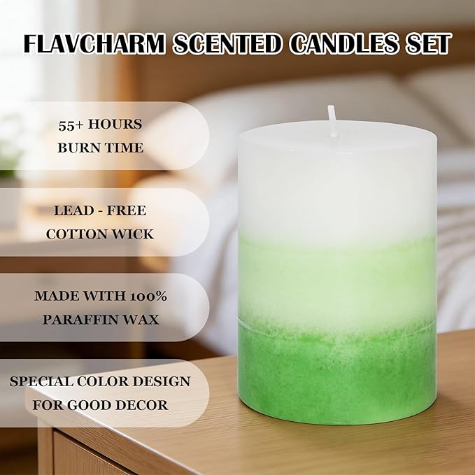 Pillar Candles 3x4 Inch Eucalyptus Scented Hand-Poured Layered Green Gradient Candle Long Lasting Clean Burn Candle for Home Scented Relaxation Spa Holiday Dinner Table Rustic Decor, 3 Pack