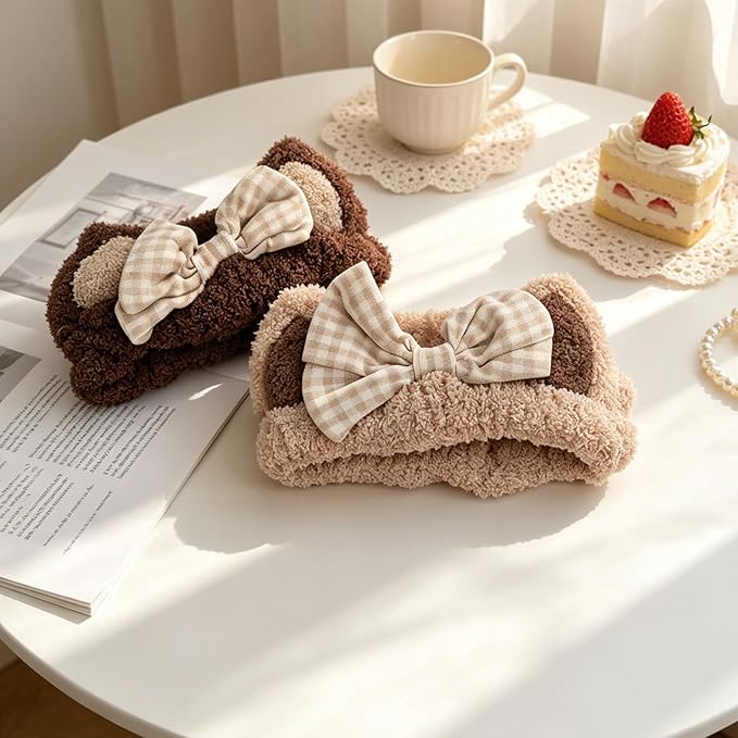PERFECTSIGHT Kawaii Headband for Spa, Makeup, Washing Face, Party - 2 Pack Cute Cat Ear Hair Band for Shower Beauty Skincare, Soft Facial Headbands for Girls and Women (Beige+Coffee Bow)