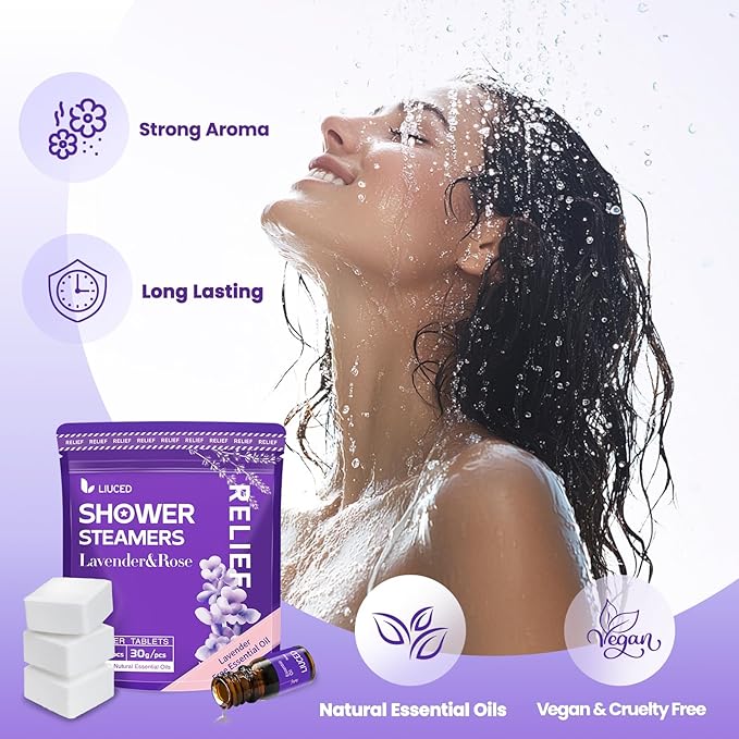 Shower Steamers Aromatherapy - 14 Pack Lavender & Rose Shower Bombs and 5ml Natural Lavender Essential Oils, Mothers Day Gifts for Mom Wife, Self Care Stress Relief Gifts for Women Her