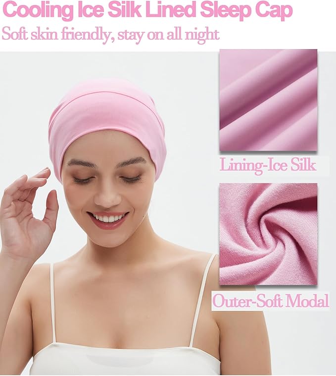 Sleep Cap Bonnet for Sleeping Black Women, Adjustable Cooling Ice Silk Lined Bonnet for Curly Braids Hair Cover Beanie Hat