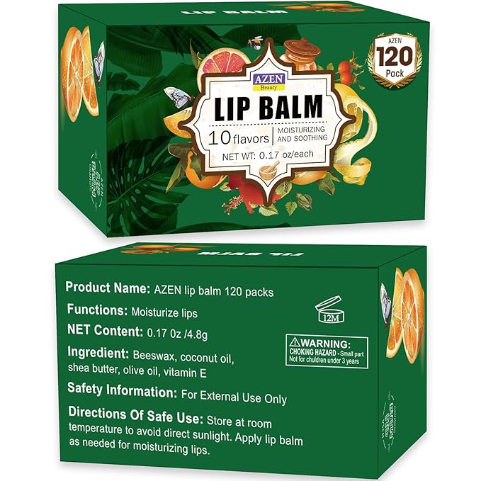 AZEN 120 Pack Lip Balm, Natural Lip Balm Bulk, Lip Care Product, Moisturizing Lip Balms for dry cracked lips, Mothers Day Gifts Easter Basket Stuffers - 10 Flavors