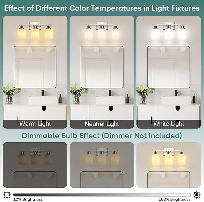 Ascher Bathroom Light Fixtures, 3-Light Vanity Light Over Mirror, Brushed Nickel Wall Sconces with Milky White Frosted Glass Shades, Wall Lamp for Living Room Bedroom, E26 Base(Bulbs Not Included)