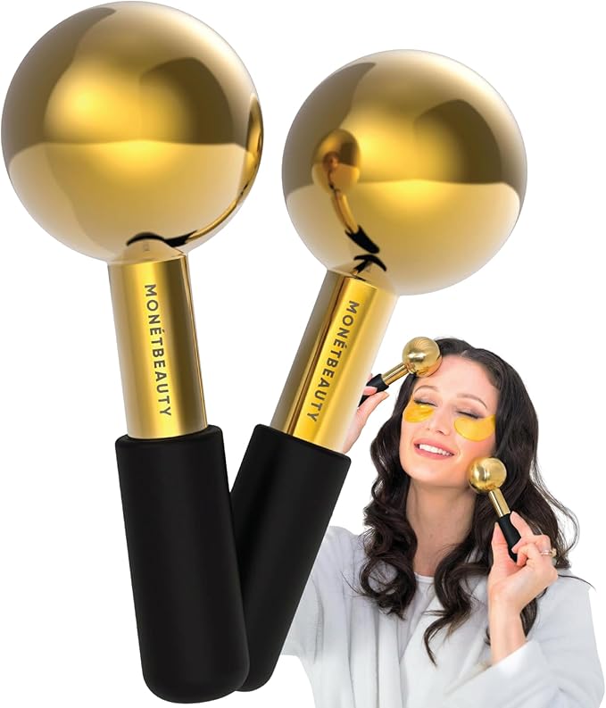 MonétBeauty Stainless Steel Ice Globes for Facials (Gold Black Handle), Durable Cryo Globes Instantly Reduce Puffiness, Tighten Pores & Sinus Relief, Face Globes Facial Massages & Daily Beauty Routine