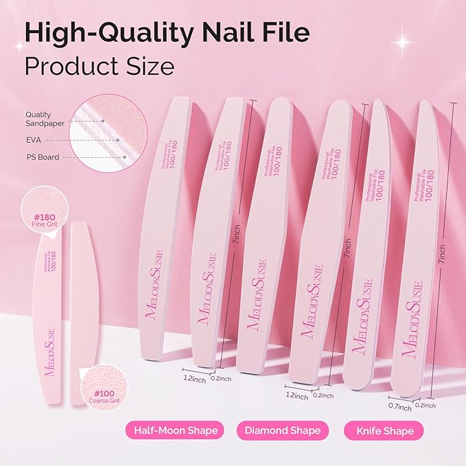 MelodySusie Nail File Kit, 6Pcs Double Sided 100/180 Grit Emery Boards for Nails, Professional Manicure Pedicure Supplies for Home and Salon Use, Mothers Day Gifts, Pink