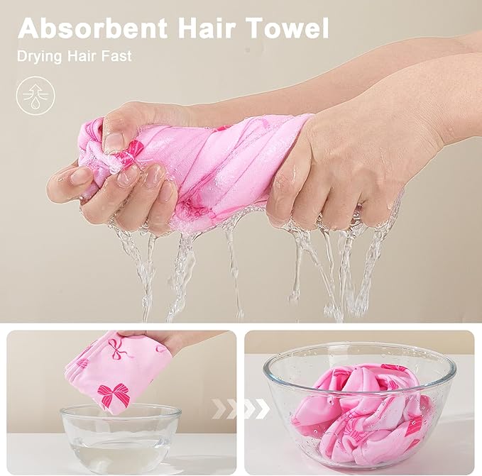 Unicorn Castle Microfiber Hair Towel for Kids 2Pack Hair Wrap Towels Absorbent Hair Drying Towel Wrap Hair Turbans for Curly Thick Hair, Pink Purple Bow