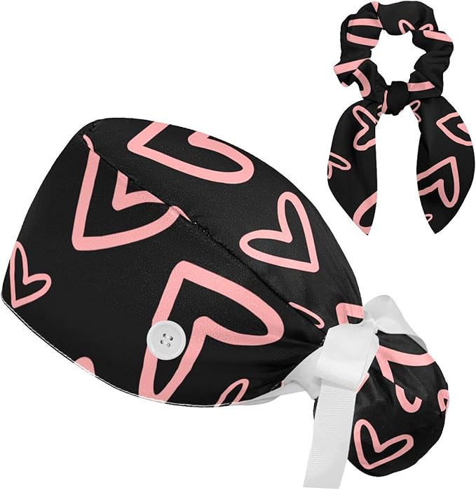 Ethnic Aztec Pattern Adjustable Scrub Cap Hat with Button, Working Hat Sweatband with Bow Hair Scrunchy for Woman