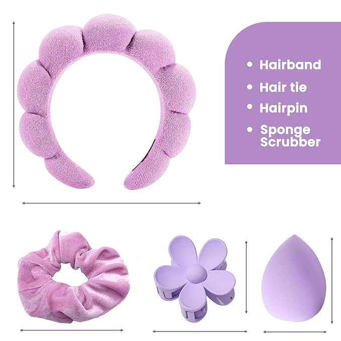 4 Pcs Skincare Headband Set, Face Washing Headband with Wristbands, Hair Claw Clips & Hair Ties, Spa Headbands for Women Girls, Perfect for Facial, Makeup, Shower, Gift Ready Box