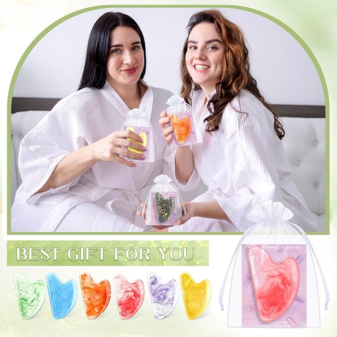 Sherr 24 Sets Gua Sha Facial Tools Bulk Resin Heart Shaped Guasha Boards with Organza Pouch and Cards for Face Body Massage Relaxation Self Care Ideal Spa Acupuncture Prevent Wrinkles(Deep Colors)