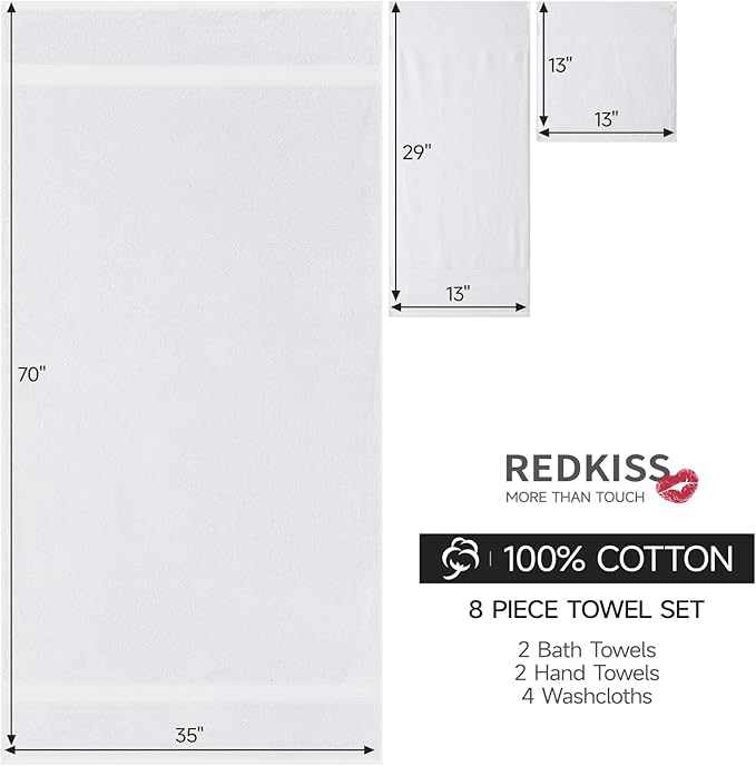 REDKISS Towels 8 Piece Luxury Bath Towel Set, 2 Bath Sheets (35x70 in), 2 Hand Towels, 4 Washcloths, 100% Cotton Super Absorbent & Quick-Dry Shower Towels for Bathroom Spa Gym Hotel Yoga - White