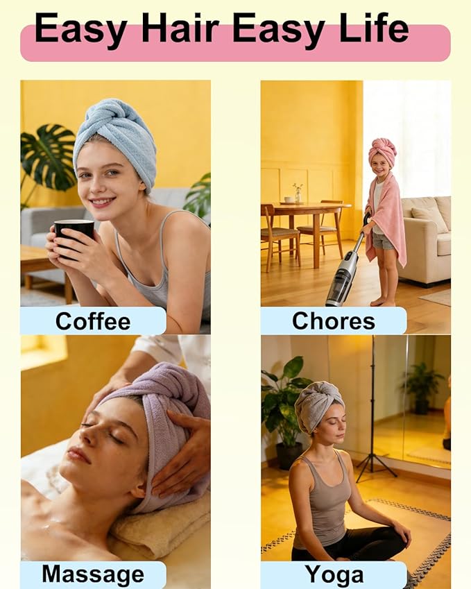 Microfiber Hair Towel Wrap for Women 6 Pack - Ultra Absorbent Fast Drying Turban with Button Closure, Anti-Frizz Design for Curly/Straight Hair, Lightweight & Machine Washable 25x65cm (6 Colors)