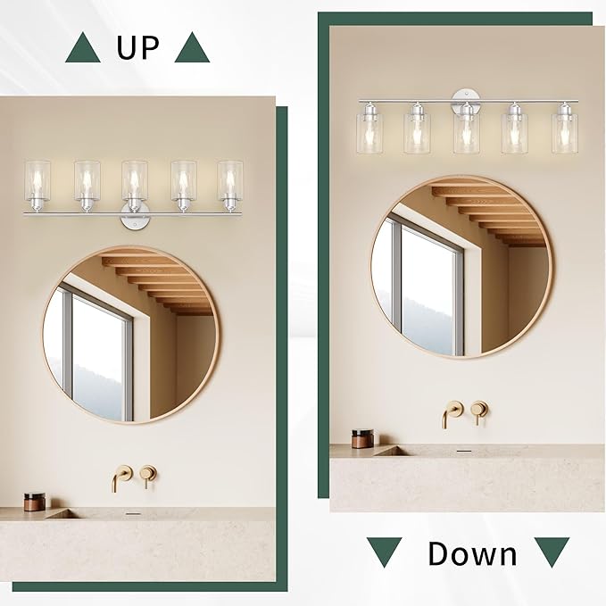 Espird Bathroom Vanity Light Fixtures Brushed Nickel Bathroom Lighting Fixture, 5 Lights Bathroom Light Fixture Over Mirror, Modern Black Vanity Light, Wall Sconces with Glass Shades