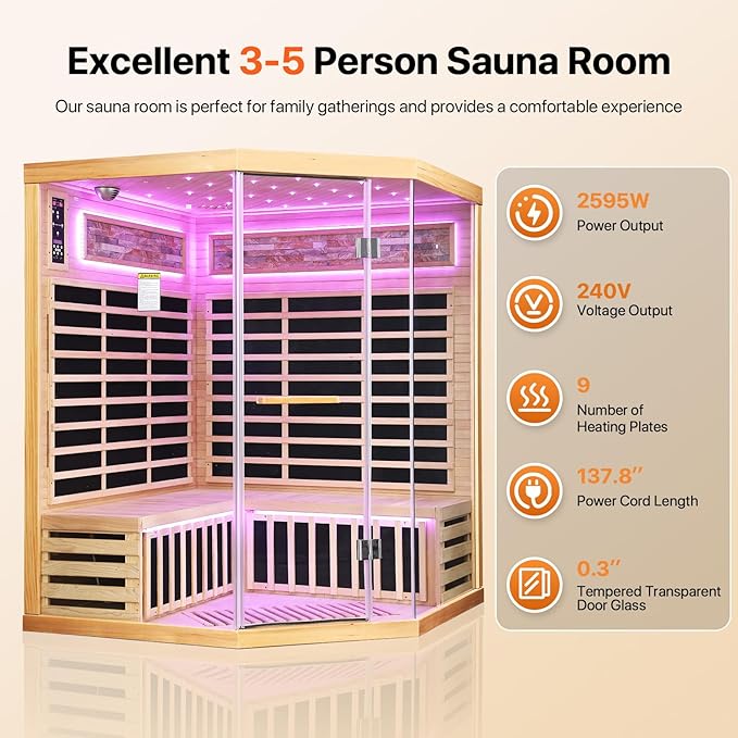 OUTEXER Sauna Corner Saunas for 4-5 Person 240V Home Indoor Canadian Hemlock Far Infrared Saunas 2595W Low-EMF Dry Saunas with 7 Color Starry Sky Ceiling Light Therapy 59 * 59 * 74.8inch