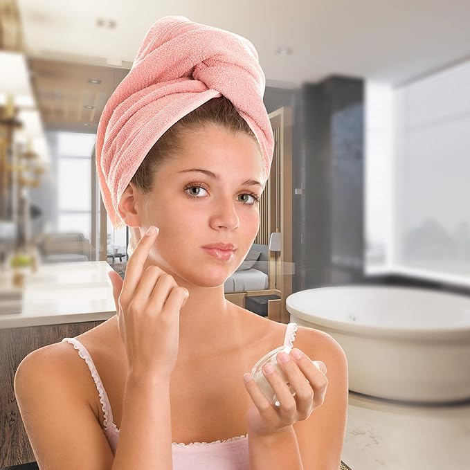 Microfiber Hair Towel Wrap - Super Absorbent Twist Turban Dry Hair Cap with Button Fasten Loop