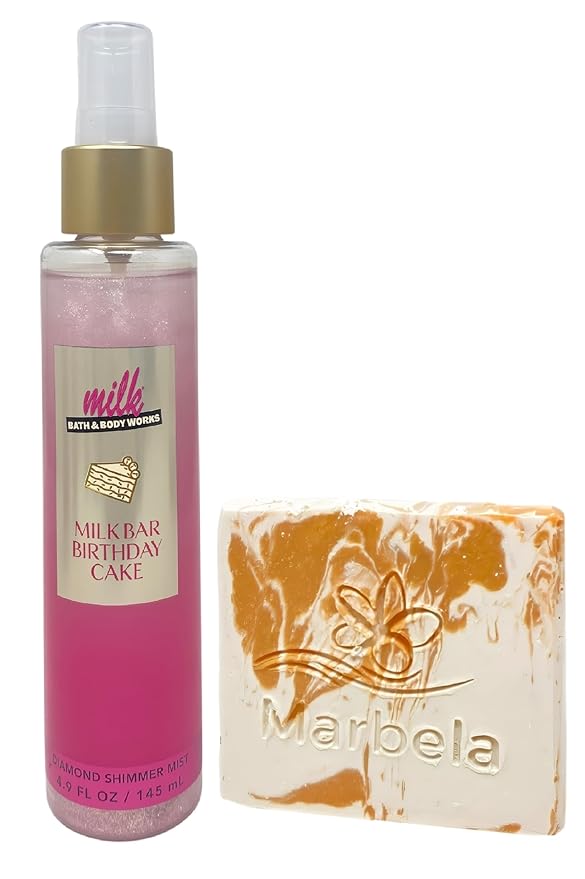 Bath & Body Works Milk Bar Birthday Cake Shimmer Mist with a Peach Gardenia Sample Soap