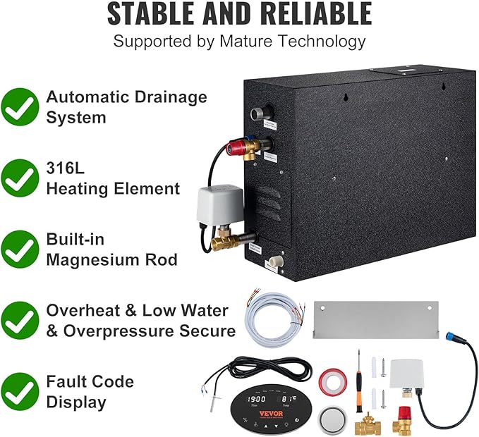 VEVOR Steam Shower Generator, 12 kW, Segmented Heating System with Temperature Customization & 24h Timer, Automatic Drainage Steam Bath Kit for Home Use
