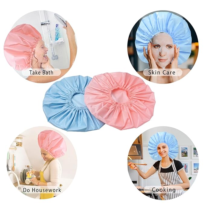 Jumbo Size Shower Cap 2 PCS Waterproof Shower Caps for Women, Extra Large Shower Cap, Reusable Super Large Bath Caps Hair Cap for Long Thick Curly Hair, Locs, Twist Braids - Pink + Blue