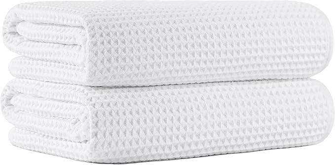 MICROFI New Microfiber Waffle Bath Towels, 2 Pieces, Oversized, Soft, Absorbent, Fast Drying, Lint Free 430 GSM (White)
