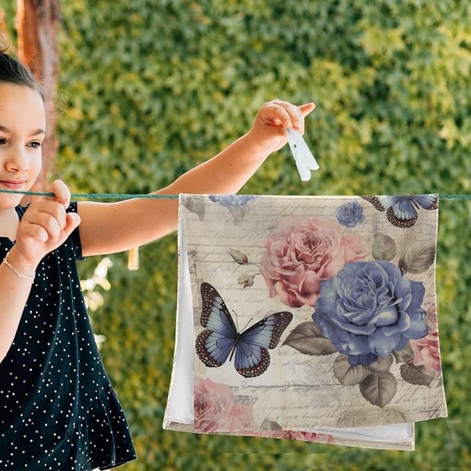 Vintage Pink Blue Rose Floral Butterfly Hand Towels for Bathroom Set of 2,Retro Peony Flower Decorative Bathroom Towels for Bath,Face,Hair,Soft Absorbent Dish Towels for Kitchen Decor 28"x14"