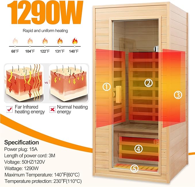 Far Infrared Sauna, 1 Person Infrared Sauna, Canadian Hemlock Wood 1290W Low-EMF Infrared Saunas for Home with Bluetooth Speakers, Reading Lamp