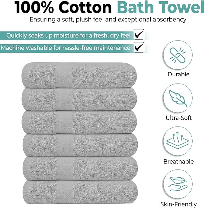KAHAF COLLECTION 6 Pack Bath Towels Set (27 x 54 Inches) 100% Ring Spun Cotton, Lightweight, Quick Dry, Highly Absorbent Towels (Light Grey, (27x54) Inches)