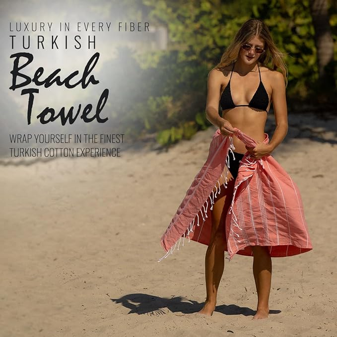 Beach Towel 100% Cotton Turkish Beach Towel Adult 38x70 Inch Pre-washed Absorbent Extra Large|Sand Free Quick Dry BathTowels|Lightweight Blanket|Travel Cruise Camping Spa Gym Yoga Towel|Coral Quartz
