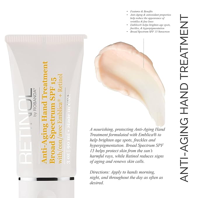Robanda Retinol Anti-Aging Hand Cream - Hydrating & Moisturizing Hand Lotion with Anti-Aging Formula to Help Prevent Wrinkles & Reduce Fine Lines, 3 oz, Unscented