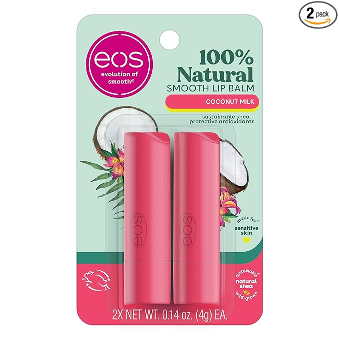 eos 100% Natural Lip Balm- Coconut Milk, eos lip balm, All-Day Moisture, Lip Care, Shea Butter, Moisturizing, Sensitive Skin,0.14 oz, 2 Pack