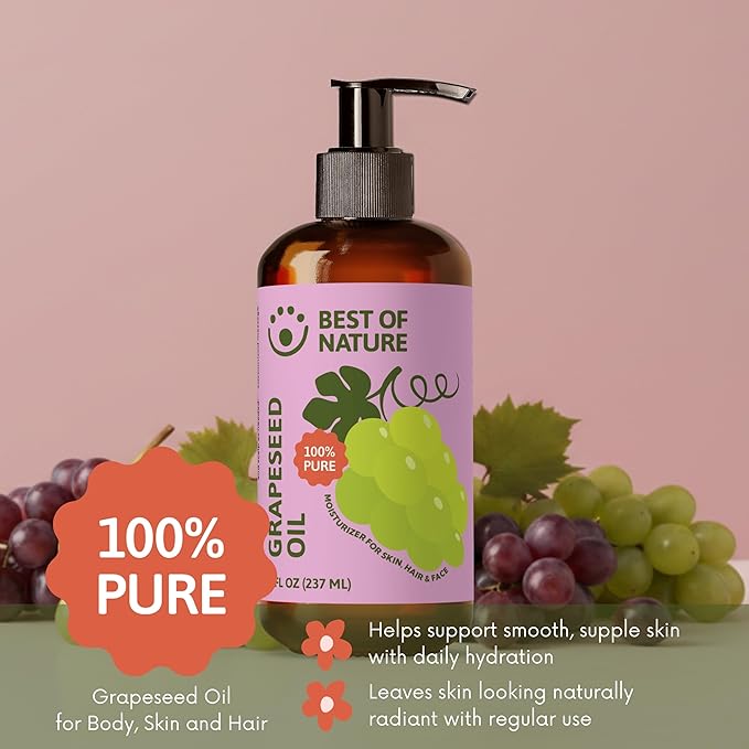 Best of Nature 100% Pure Grapeseed Oil - Unscented, Lightweight, Non-Greasy Moisturizer for Hair, Skin, Face & Aromatherapy, Carrier Oil for Essential Oils, Half Gallon (64 fl oz)