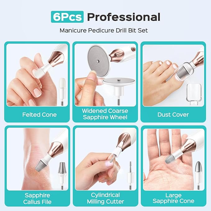 COSLUS C43 Professional Manicure Pedicure Kit, 5-in-1 Electric Nail File for Toenail Hand Feet Care - Wider Grinder for Thick Nails, Cordless, 5 Speed, for Men Women Seniors Home Salon, White (END10)