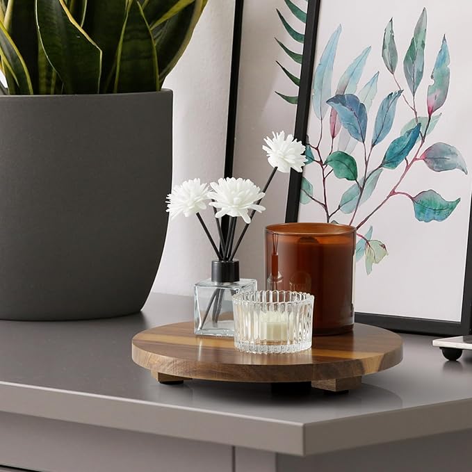 Small Round Decorative Tray Acacia Wood Bathroom Counter Organizer Pedestal Stand Farmhouse Kitchen Decor Wooden Riser for Soap Dish, Perfume, Candle, Sponge, 9"