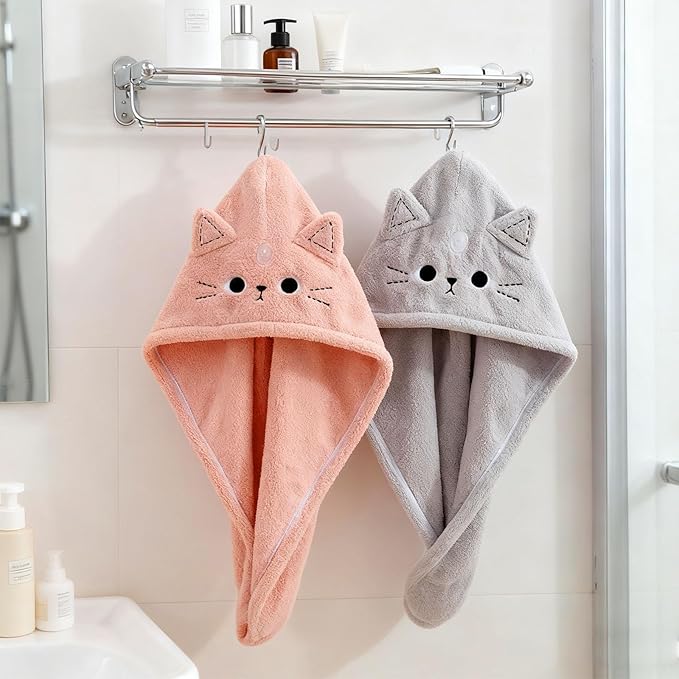 2Pack Microfiber Hair Towel Wrap for Kids, Cute Cat Absorbent Hair Drying Turbans Head Towels for Women Girls (Pink and Gray cat)