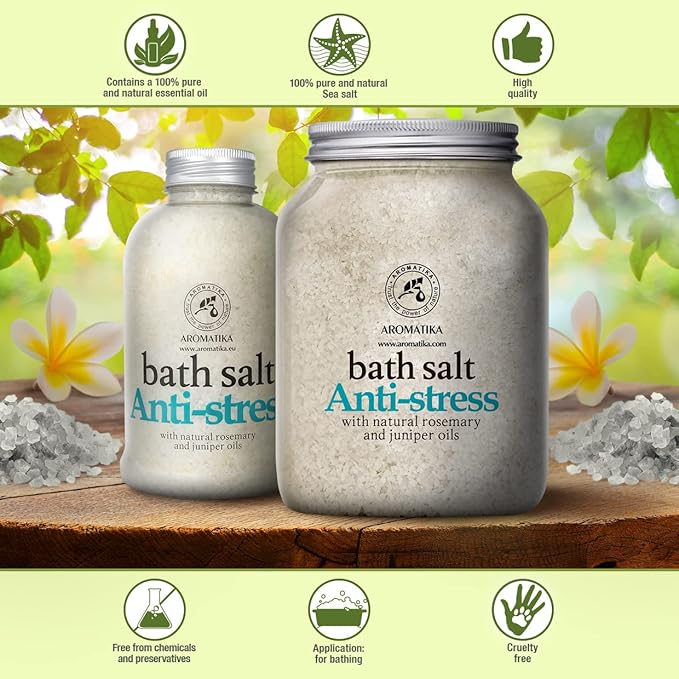 De-Stress Bath Salt 46 Oz - 100% Natural & Pure Salt Essential Oils Rosemary & Juniper - Best for Good Sleep - Relaxing - Calming - Body Care - Beauty - Aromatherapy - Stress Relief