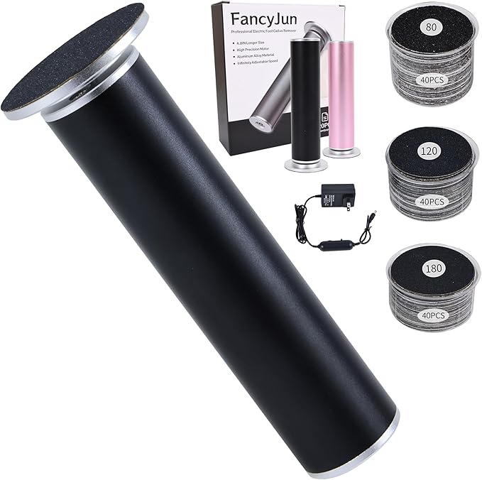 FancyJun Electric Foot Callus Remover with 120pcs Sandpaper Discs(3 Sizes), Professional 800RPM Aluminum 4.8 Inches Callus Remover for Feet, Stepless Speed Control for Dead Skin (Black)