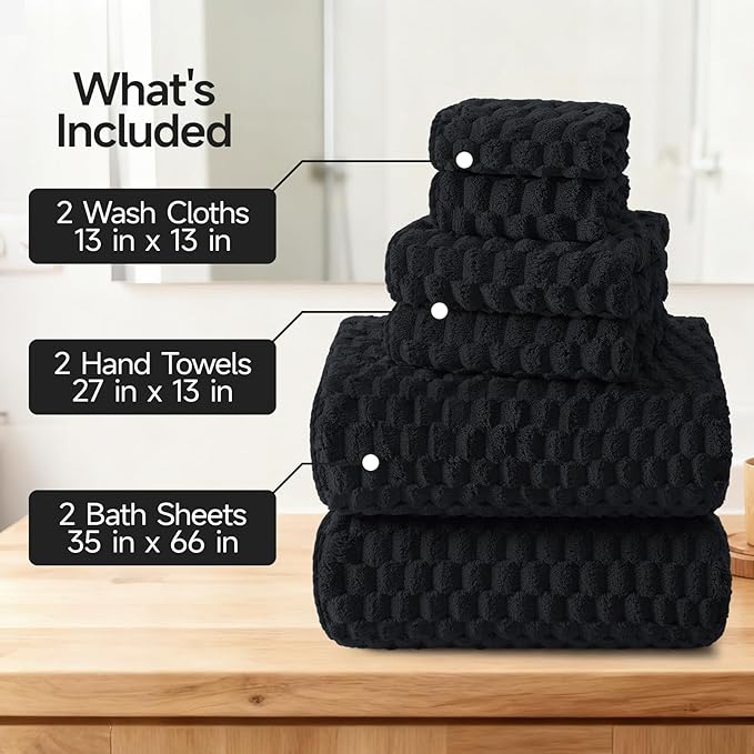 REDKISS Black Microfiber Towels Set of 6-35x70 Inches Oversized Bath Sheets, Extra Large Bath Towels Set of 6 for Adults, Super Soft Quick Dry Lint Free Absorbent Waffle Microfiber Shower Towels