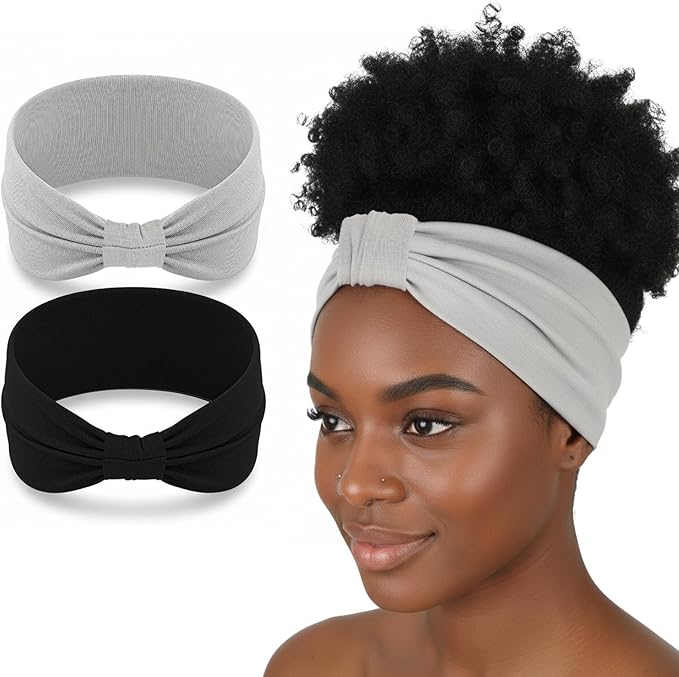 2 Pack Women Cotton Stretch Headband, Soft Breathable Hijab Cap, Wide Elastic Non-Slip Sweat Wicking Hair Band for Makeup Spa Sport Workout Running Daily Wear