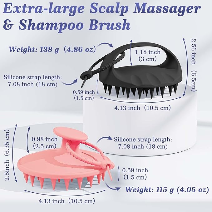 Manmihealth Large Hair Scalp Scrubber, One-piece Silicone Scalp Massager for Wet Dry, Long Bristles Shampoo Brush for Dandruff Removal and Hair Growth with Free Strap&Hook.(Pink+Black)